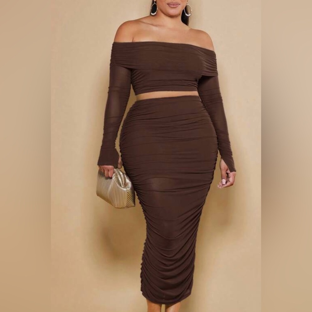 Brown 1XL skirt and shoulder top set